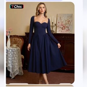 chic Navy Long-Sleeve Sweetheart Fit-and-Flare Dress